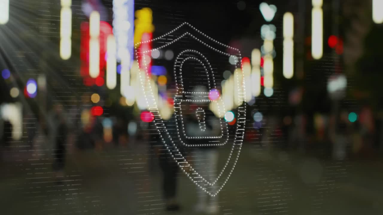 animación de puntos que forman un candado en el escudo sobre personas borrosas que caminan por la calle