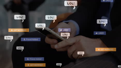 animación de iconos de redes sociales flotando contra la sección media del empresario que usa un teléfono inteligente