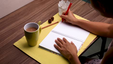 handwriting a diary with a cup of tea using a red pen over shoulder shot