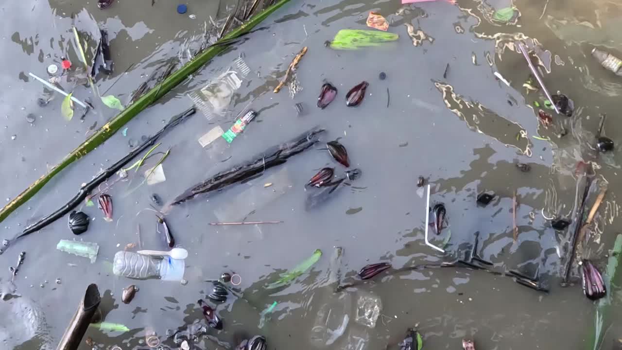 Close-up of various debris, including plastic bottles and leaves, floating on a polluted water surface.