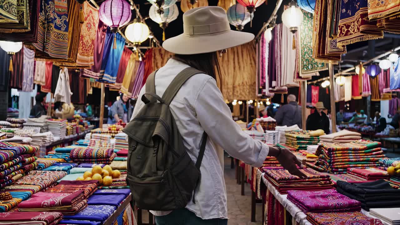 A traveler explores a vibrant market filled with colorful textiles and lanterns