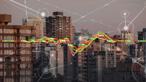animación de gráficos financieros y conexiones sobre edificios modernos