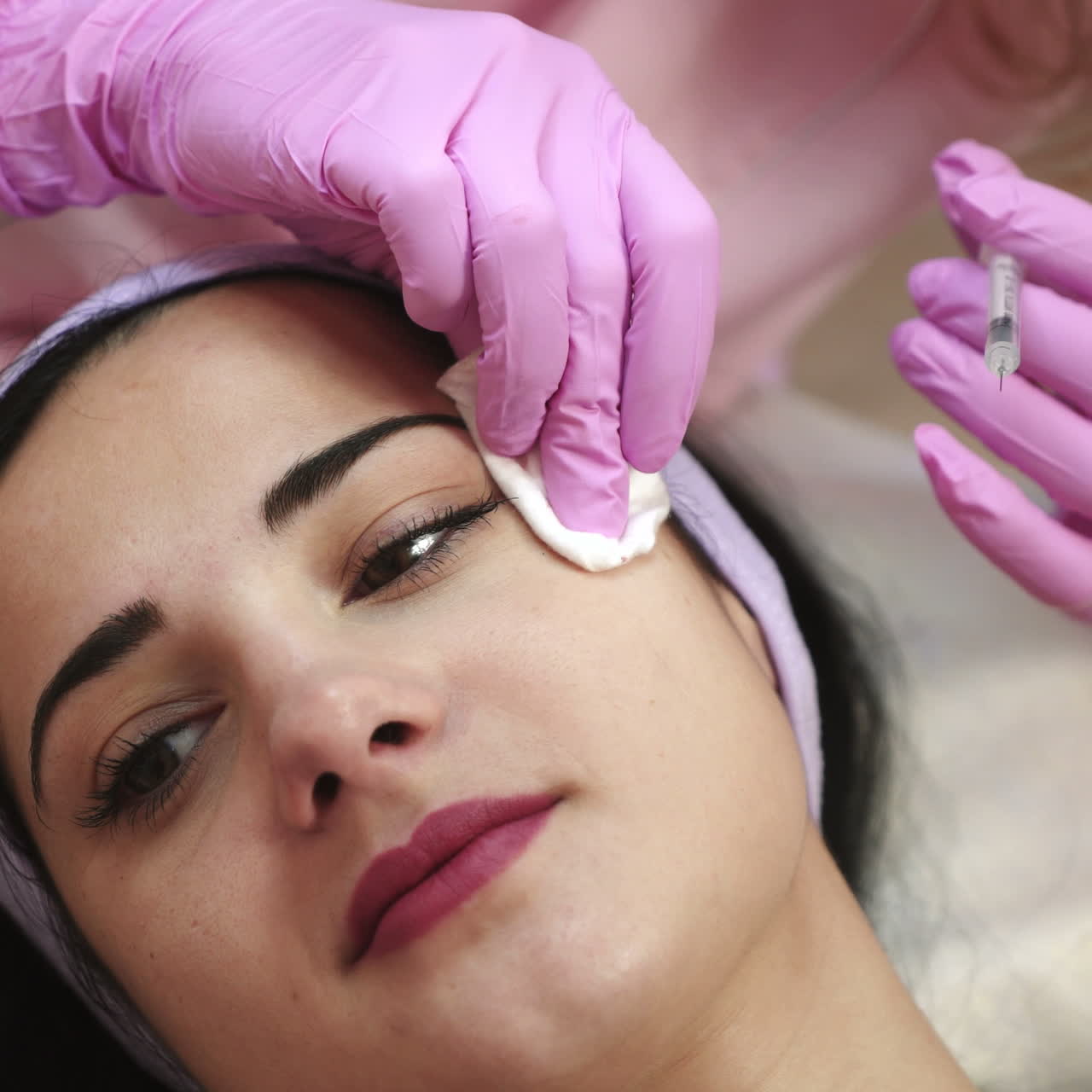 Young pretty woman receiving treatments in beauty salons. Young beautiful dark-haired woman in the office beautician lying on the couch. Contouring procedure , revitalization. Beauty injections .