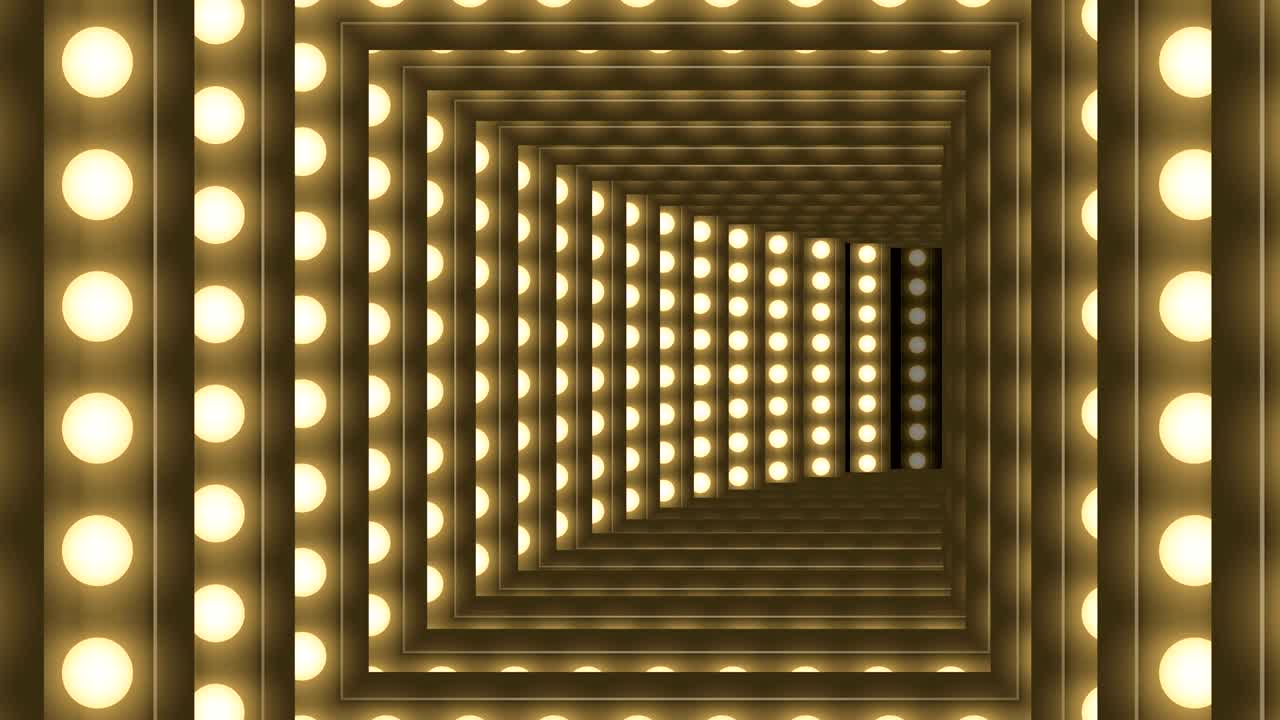 cuadro de caja de bombilla incandescente de túnel forma cuadrada patrón móvil, estilo retro 3d ilustración de estilo virtual brillo en fondo oscuro animación de bucle sin costuras 4k, con espacio de copia
