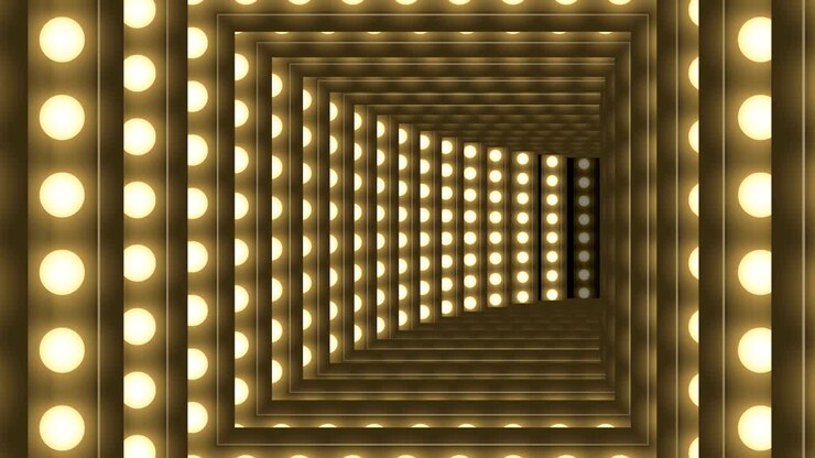 Tunnel Incandescent light bulb box frame square shape moving pattern, retro 3D virtual style illustration glow in dark background seamless looping animation 4K, with copy space