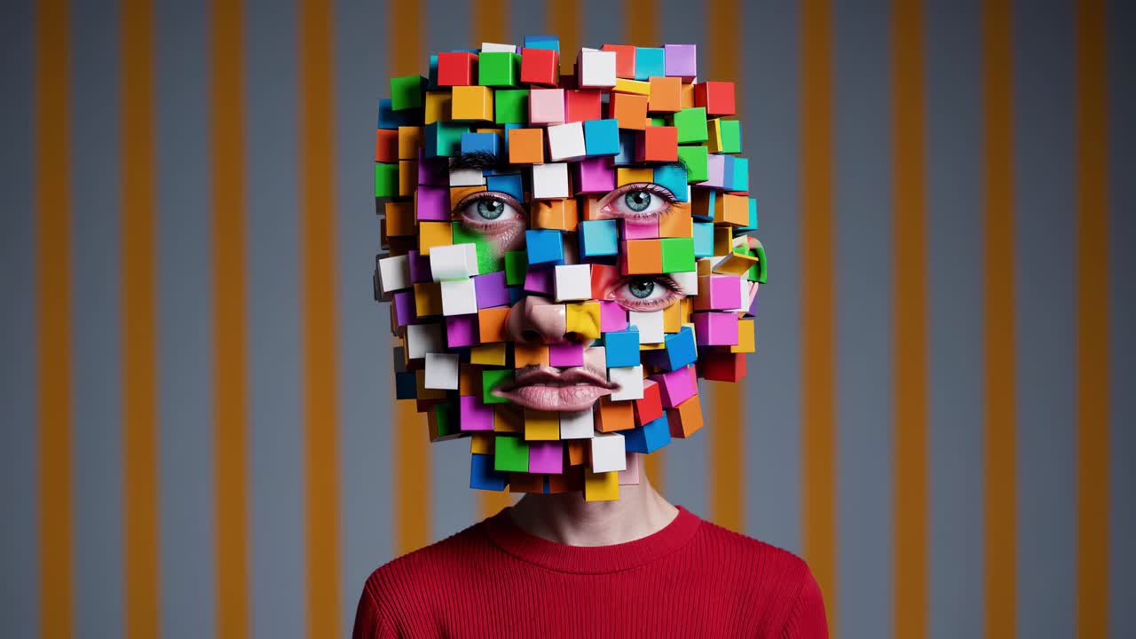 Surreal portrait of a person wearing a mask made of colorful cubes, symbolizing artificial intelligence, virtual reality, and the digital world, against a striped background