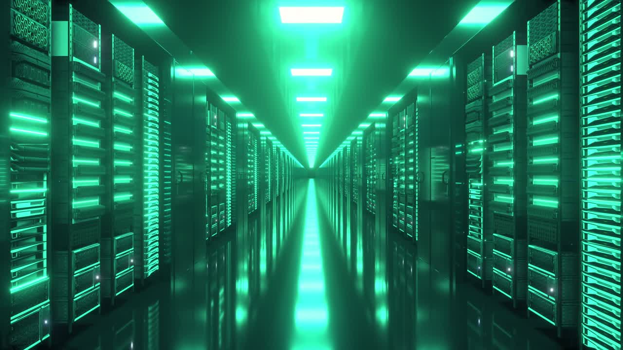 centro de datos con servidores sin fin. servidores de red e información detrás de paneles de vidrio. animación de bucle de alta calidad 4k