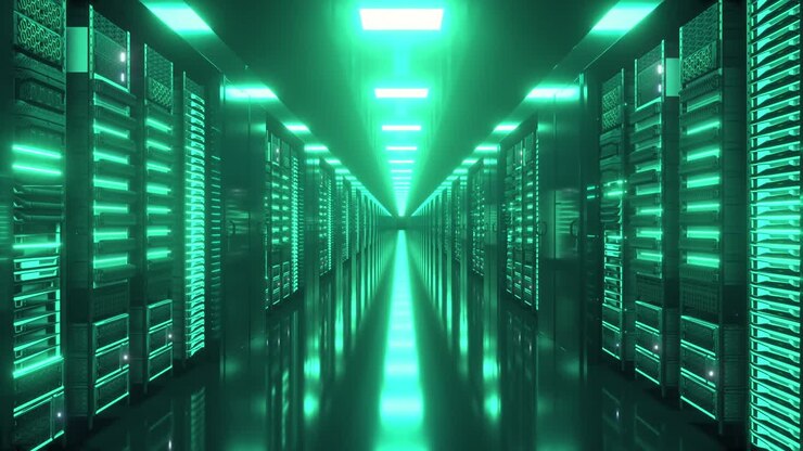 Data center with endless servers. Network and information servers behind glass panels. 4K high quality loop animation