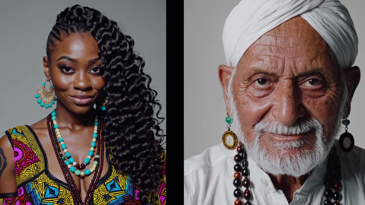 Split-screen video portrait of a smiling woman and elderly man, showcasing cultural attire