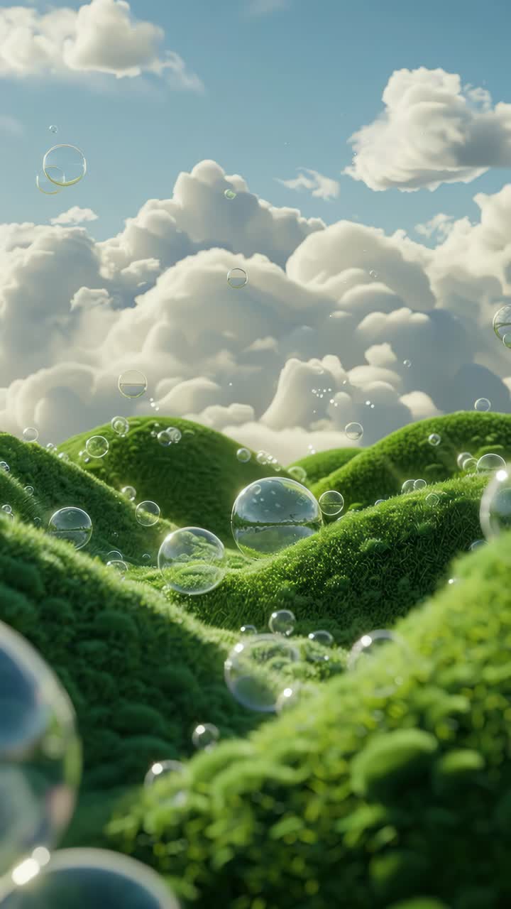Aerial video angle capturing lush green hills with floating bubbles against a backdrop of fluffy