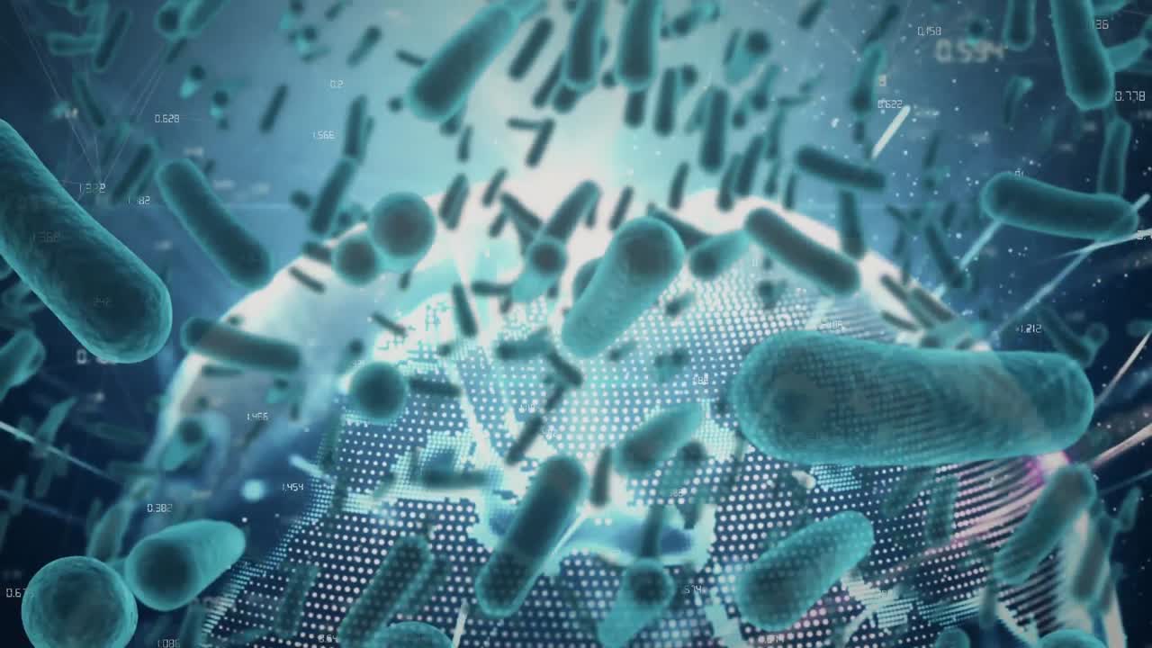 코로나바이러스 코로나19의 거대 세포의 애니메이션 확산, 파란색 배경에 빛나는 지구