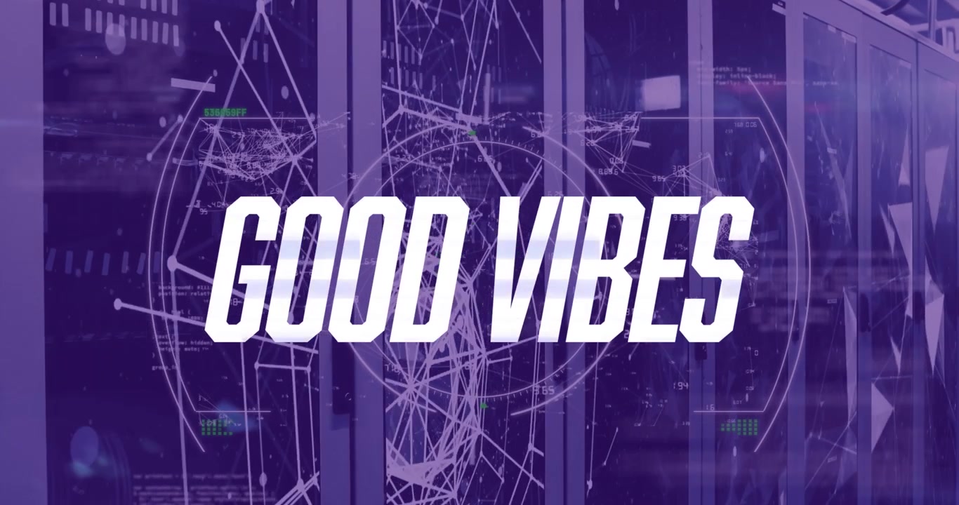 Animation of good vibes text with network of connections and data processing over server room
