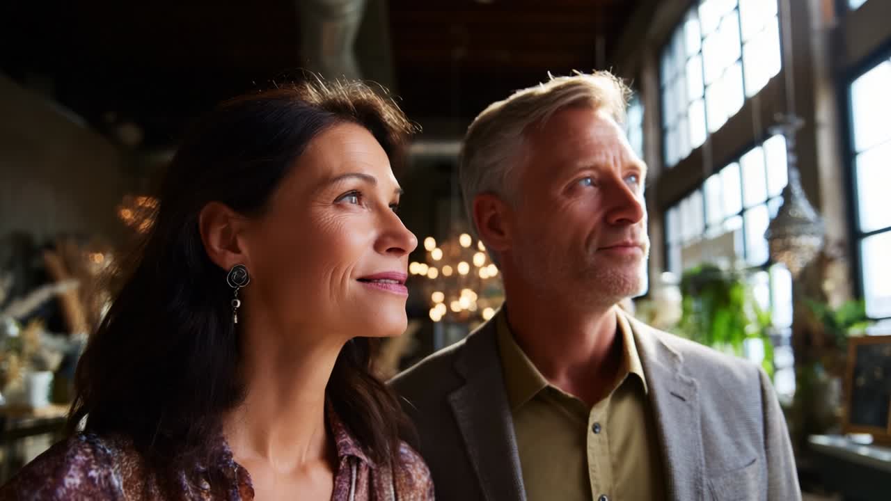 Captivated by the Moment: A Couple Gazes Outside with Hopeful Expressions in a Beautifully Decorated Space Filled with Soft Lighting and Intricate Details That Capture the Essence of Togetherness and Joy