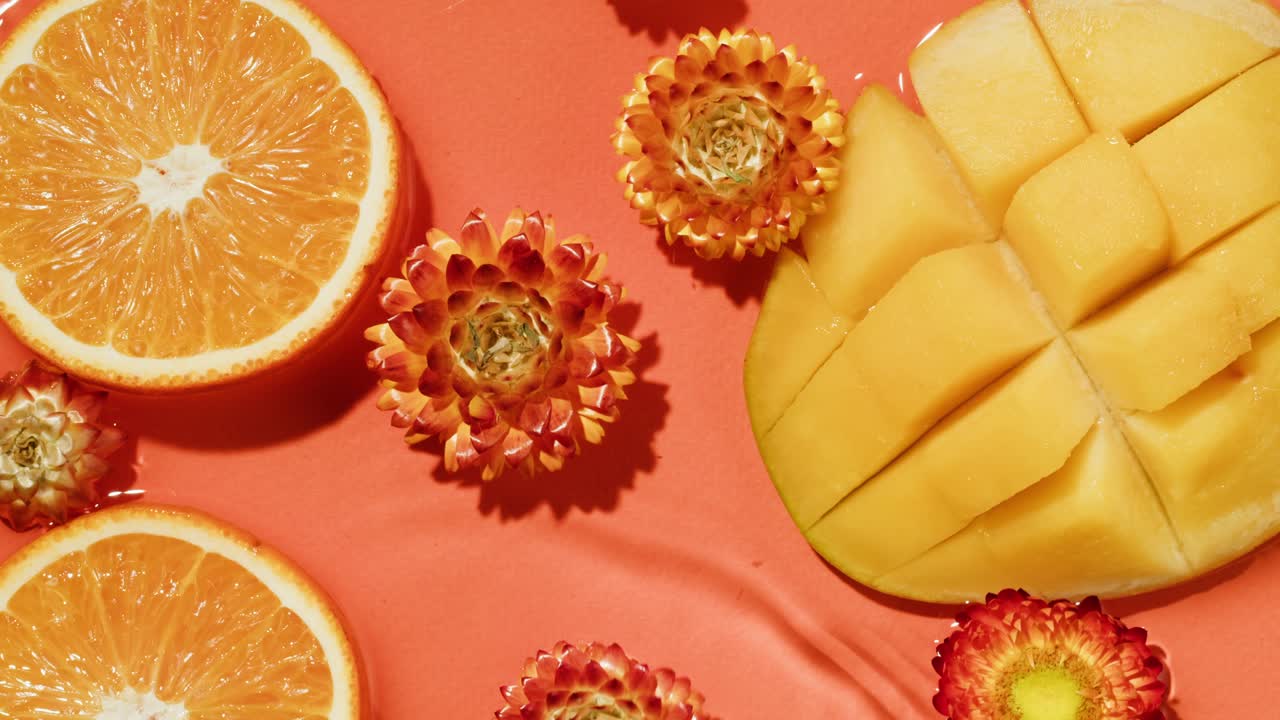 Vibrant Orange and Mango Fruit with Flowers