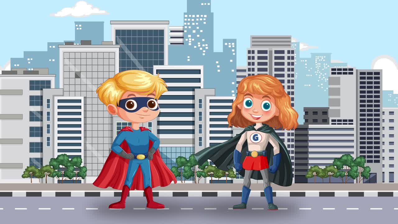 두 명의 슈퍼히어로가 도시 환경에서 상호 작용합니다.