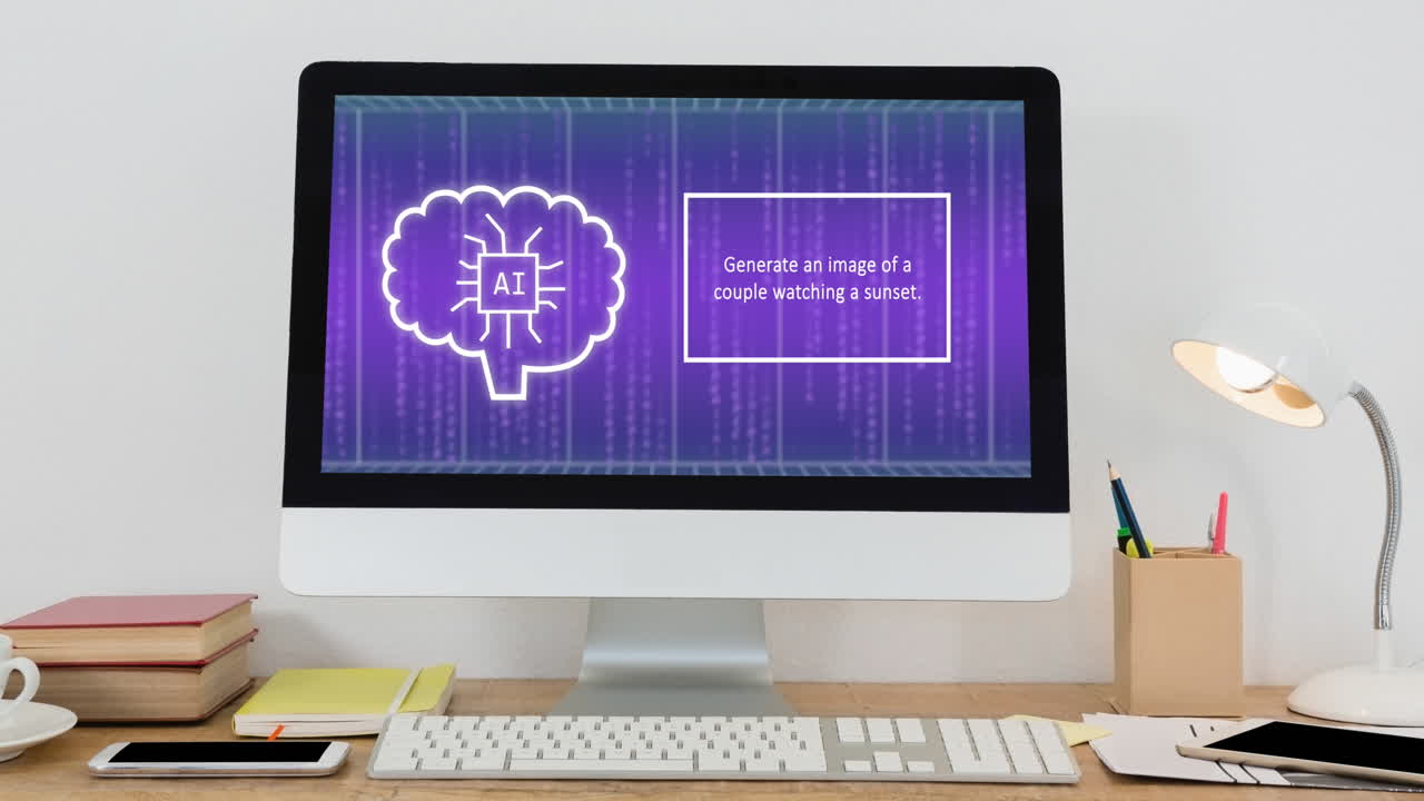 animación de texto de inteligencia artificial y procesamiento de datos en pantalla.