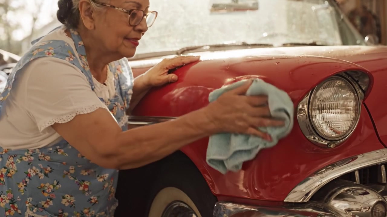Una mujer mayor se enorgullece de su trabajo mientras dedica tiempo a pulir y cuidar su coche clásico rojo, mostrando su amor por las reliquias familiares y los recuerdos.