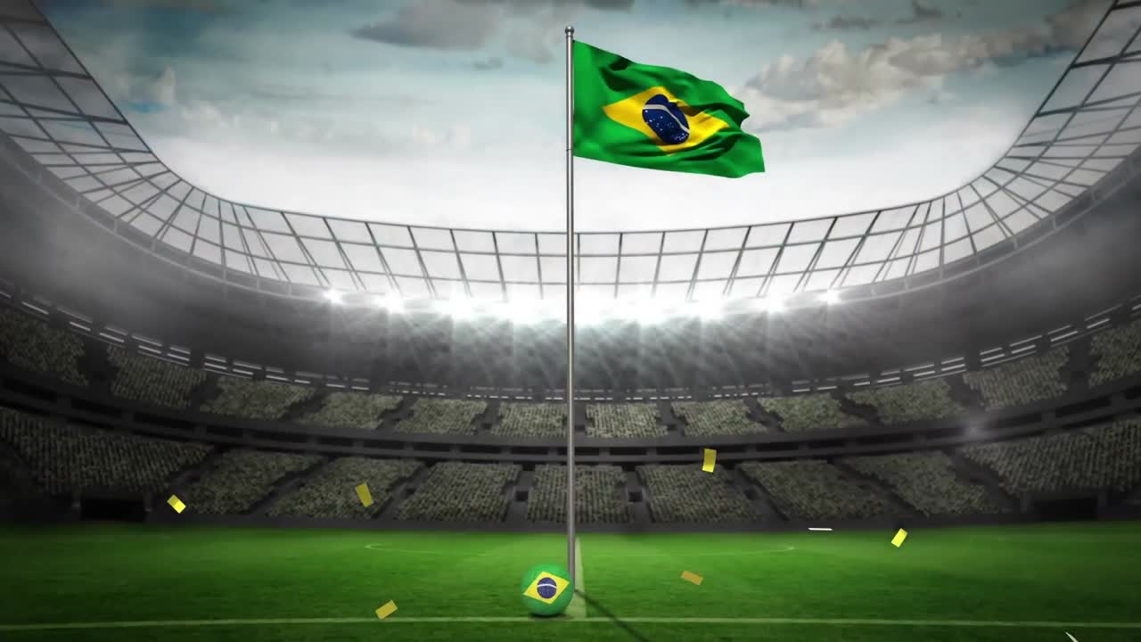 animación de confeti de oro cayendo sobre la bandera de brasil en un estadio deportivo