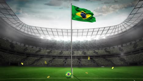 Animation-Von-Goldenem-Konfetti,-Das-Im-Sportstadion-über-Die-Brasilianische-Flagge-Fällt