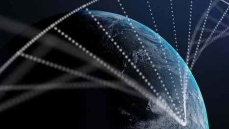 Animation-of-dna-strand-and-network-of-connections-over-globe