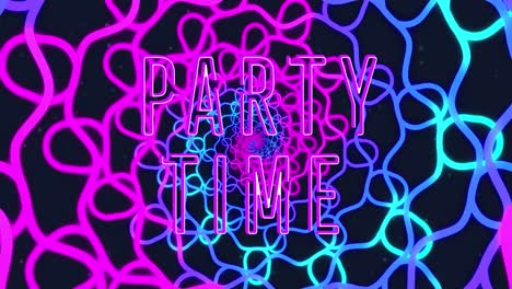 Animation-of-party-time-text-over-colorful-neon-shapes-on-black-background