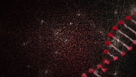 animación de una cadena de adn girando con una red brillante de conexiones en el fondo