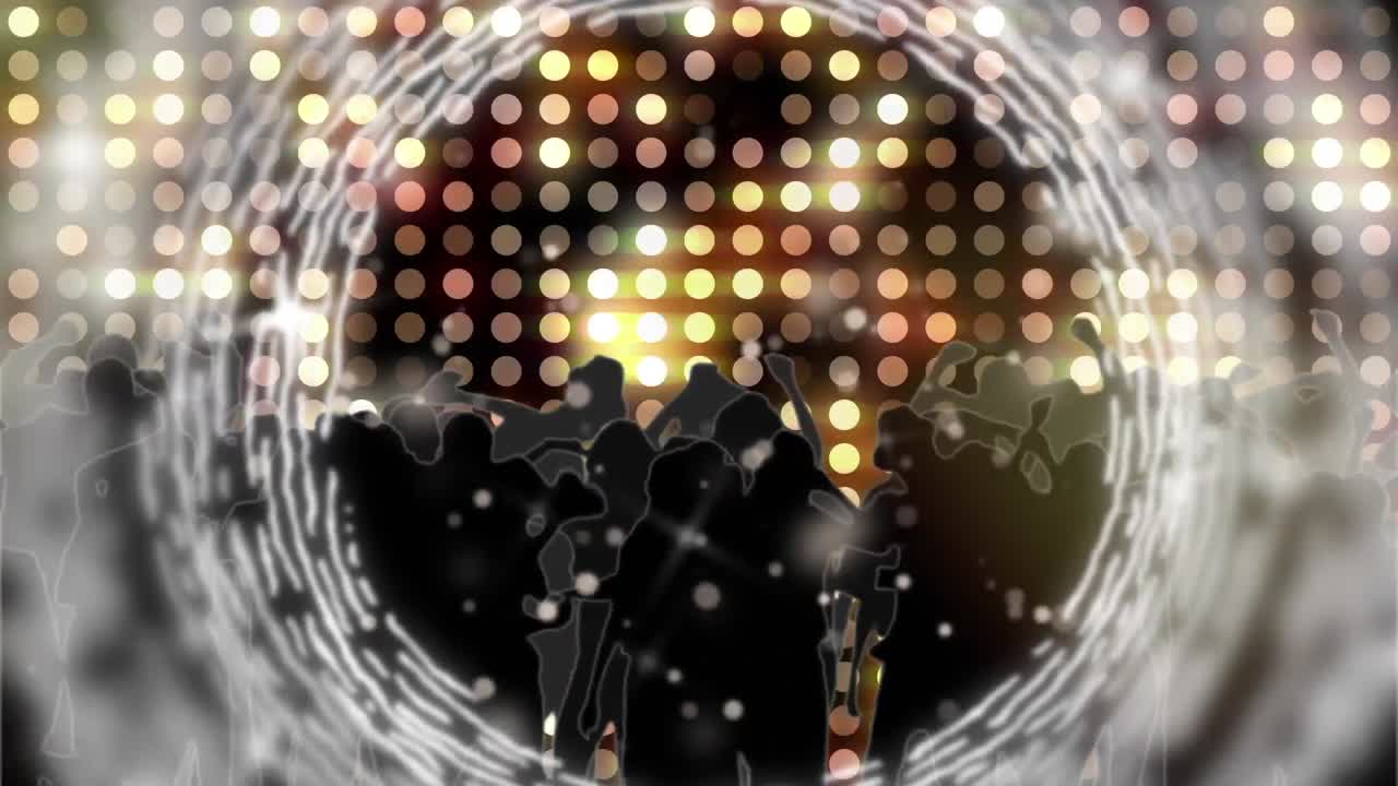 Beyaz halkalar, siluet halindeki dans eden kalabalık ve turuncu-sarı ışıklar içeren animasyon.