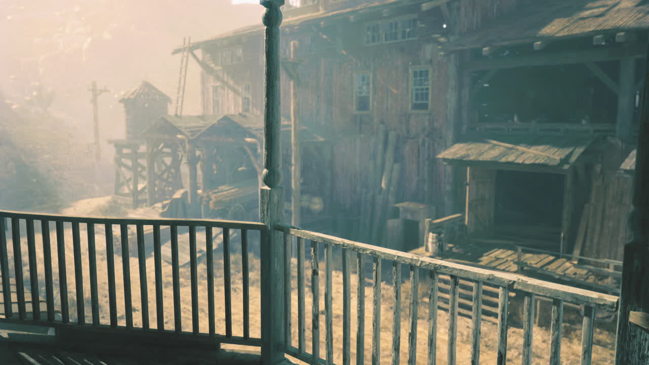 Exploring a dusty old town with rustic buildings under a glowing sky