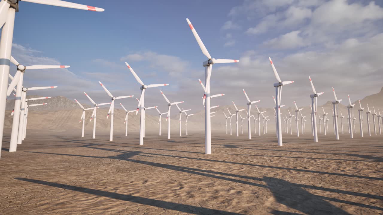 Wind turbines farm in the desert at sunset, 3D animation, animated scene, camera zoom out