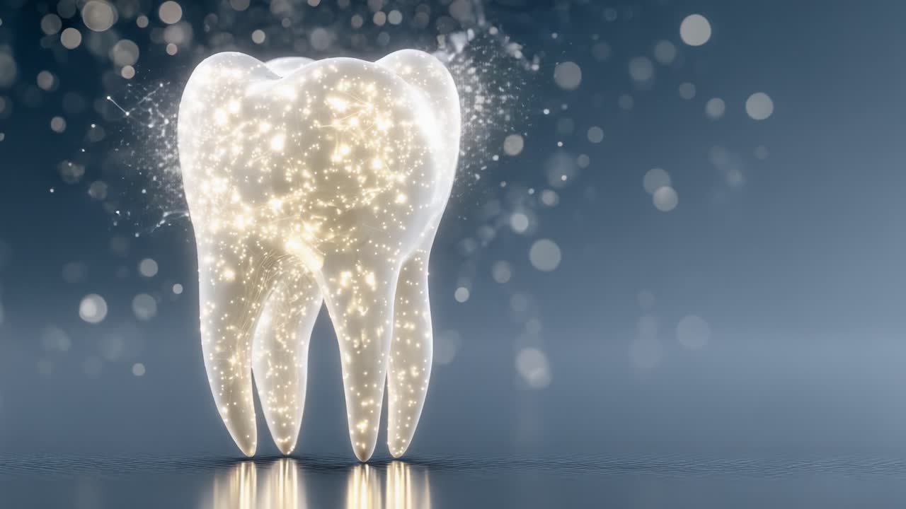 Shimmering Tooth Representation Showcasing Dental Health and Innovation with a Modern Aesthetic Featuring Sparkling Elements and a Soft Blue Background