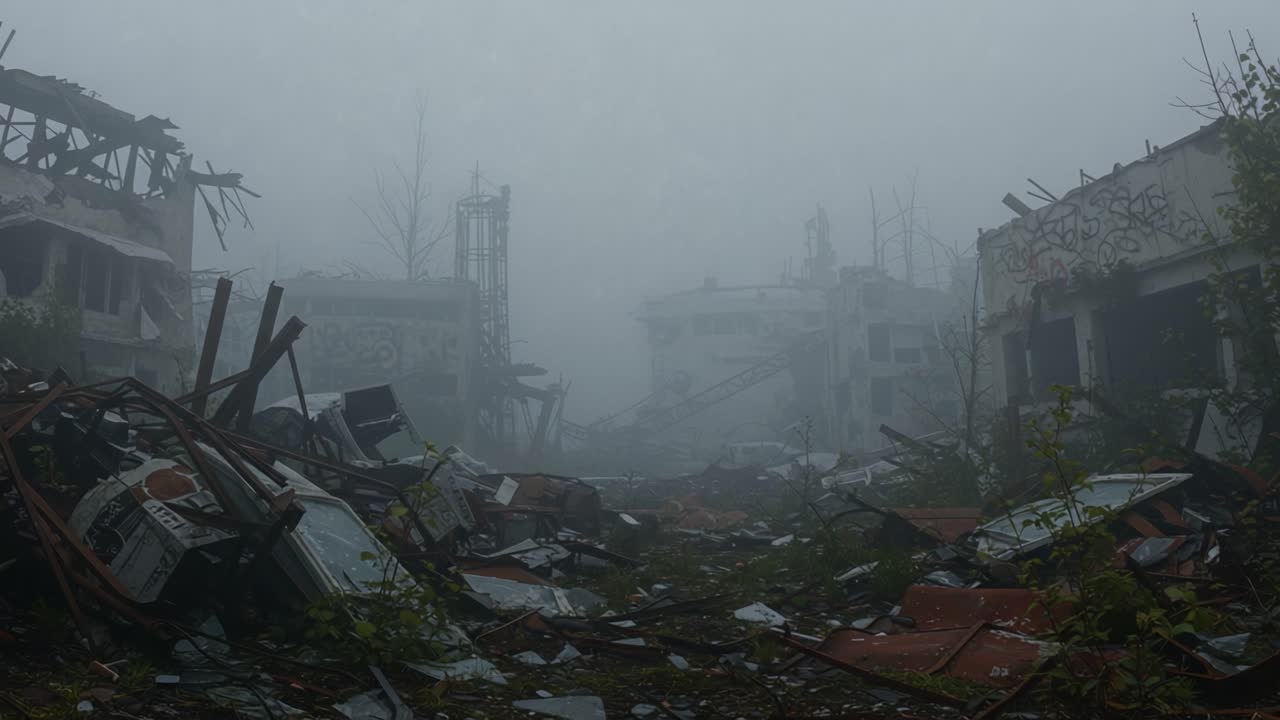 Mysterious Fog Envelops the Desolate Ruins of Abandoned Buildings: A Haunting Perspective on Urban Decay and Nature's Reclamation in a Post-Apocalyptic Landscape