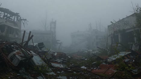 mysterious fog envelops the desolate ruins of abandoned buildings: a haunting perspective on urban decay and nature's reclamation in a post-apocalyptic landscape