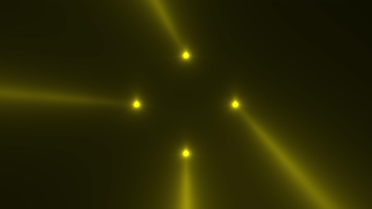 Animation motion yellow glowing spotlight beams on dark background in stage