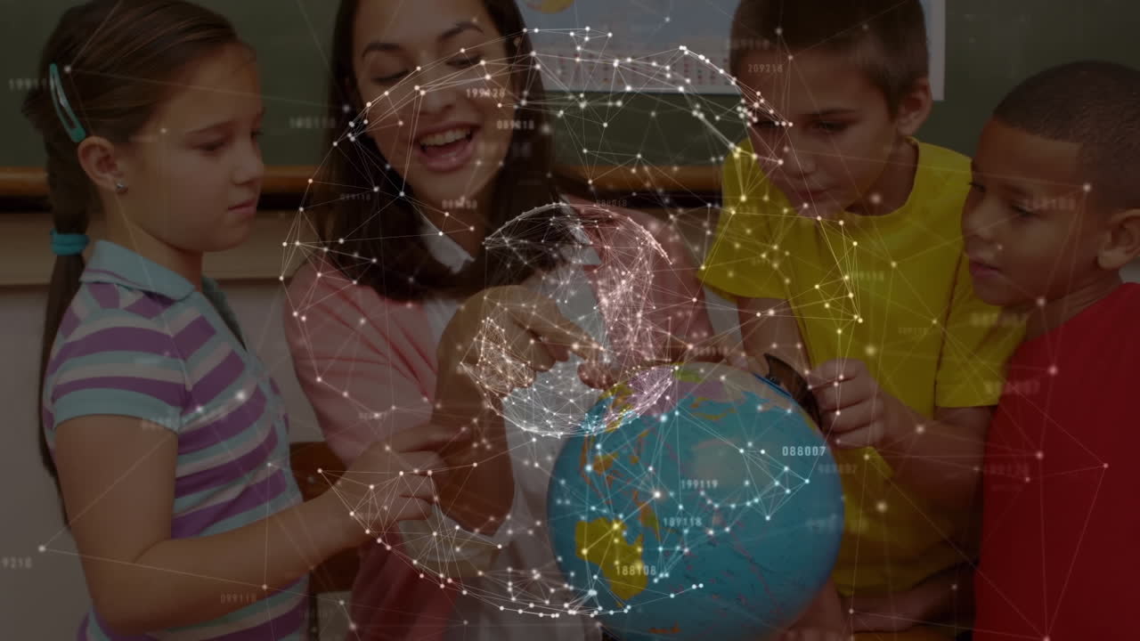 red mundial de conexiones sobre maestras caucásicas que enseñan geografía a los estudiantes