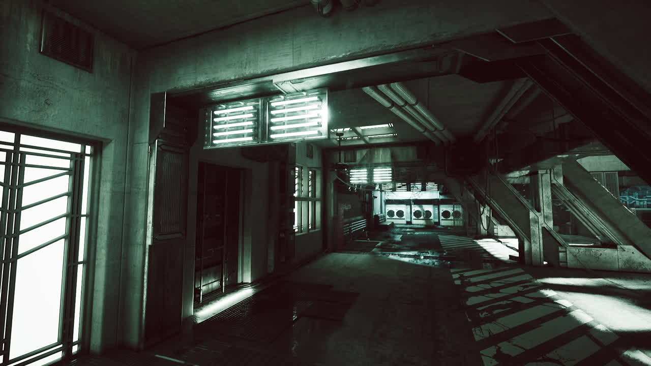 Mysterious industrial hallway with eerie lighting in an abandoned building