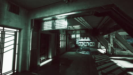 mysterious industrial hallway with eerie lighting in an abandoned building