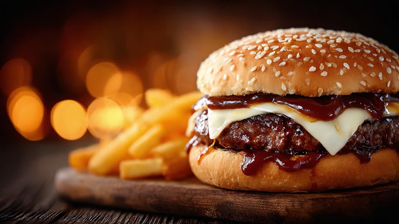 Un hamburger preparato con cura con formaggio fuso e ricca salsa barbecue, accompagnato da croccanti patatine fritte dorate su uno sfondo caldo e invitante