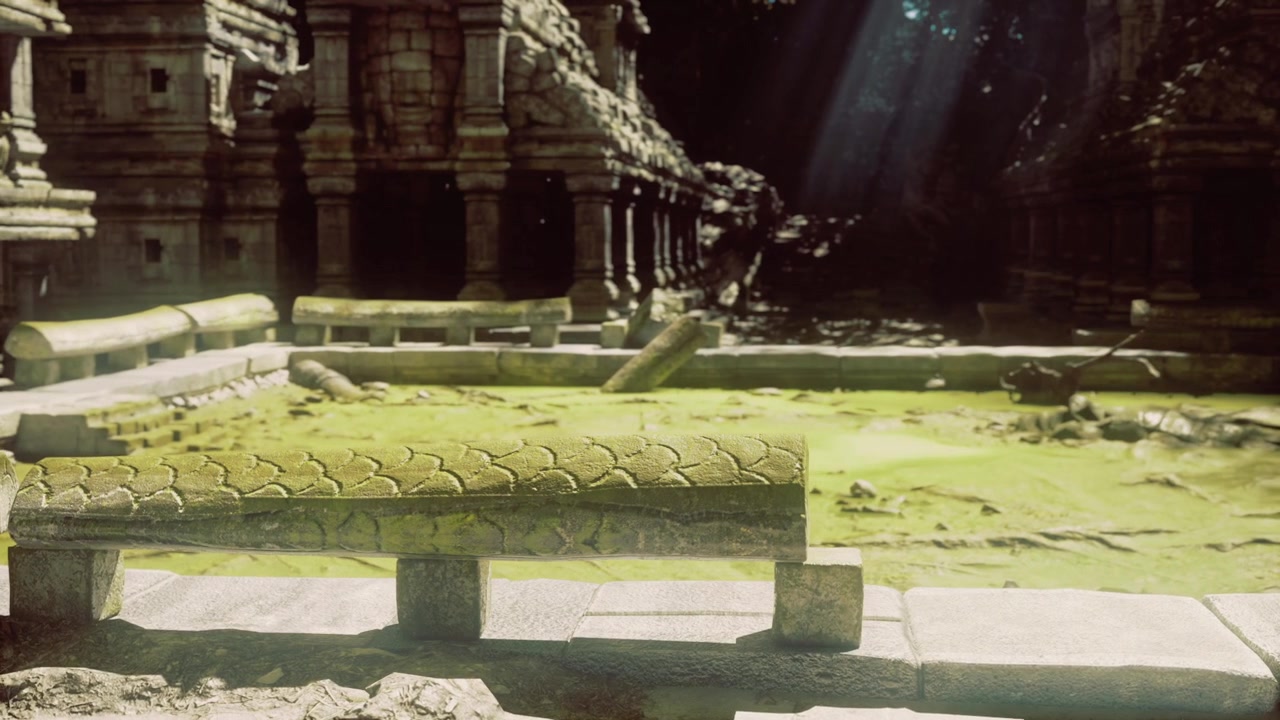Golden sunlight bathes tranquil garden with ancient structures