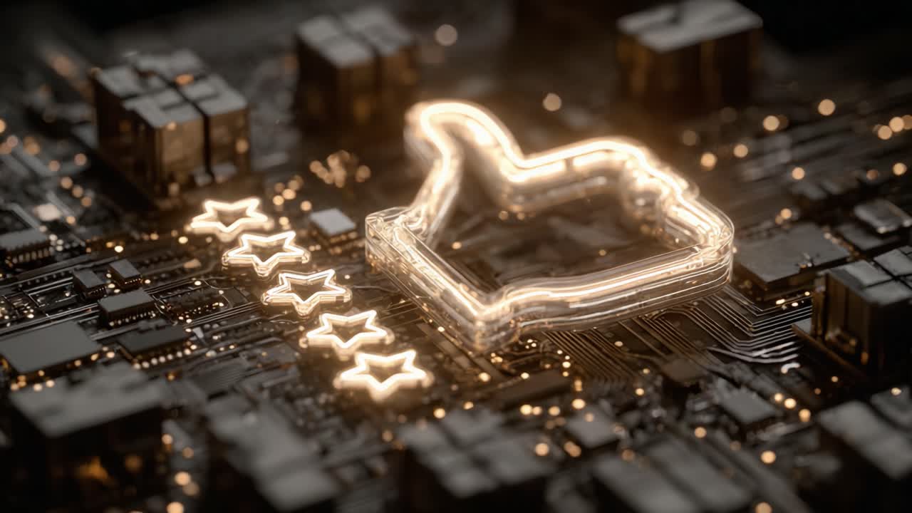 An Intricate Close-up of a Circuit Board Featuring a Stylized Thumbs Up Icon and Five Star Ratings, Symbolizing Positive Feedback and Technological Engagement