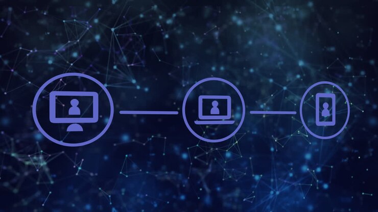 Network of connection icons against network of connections on blue background