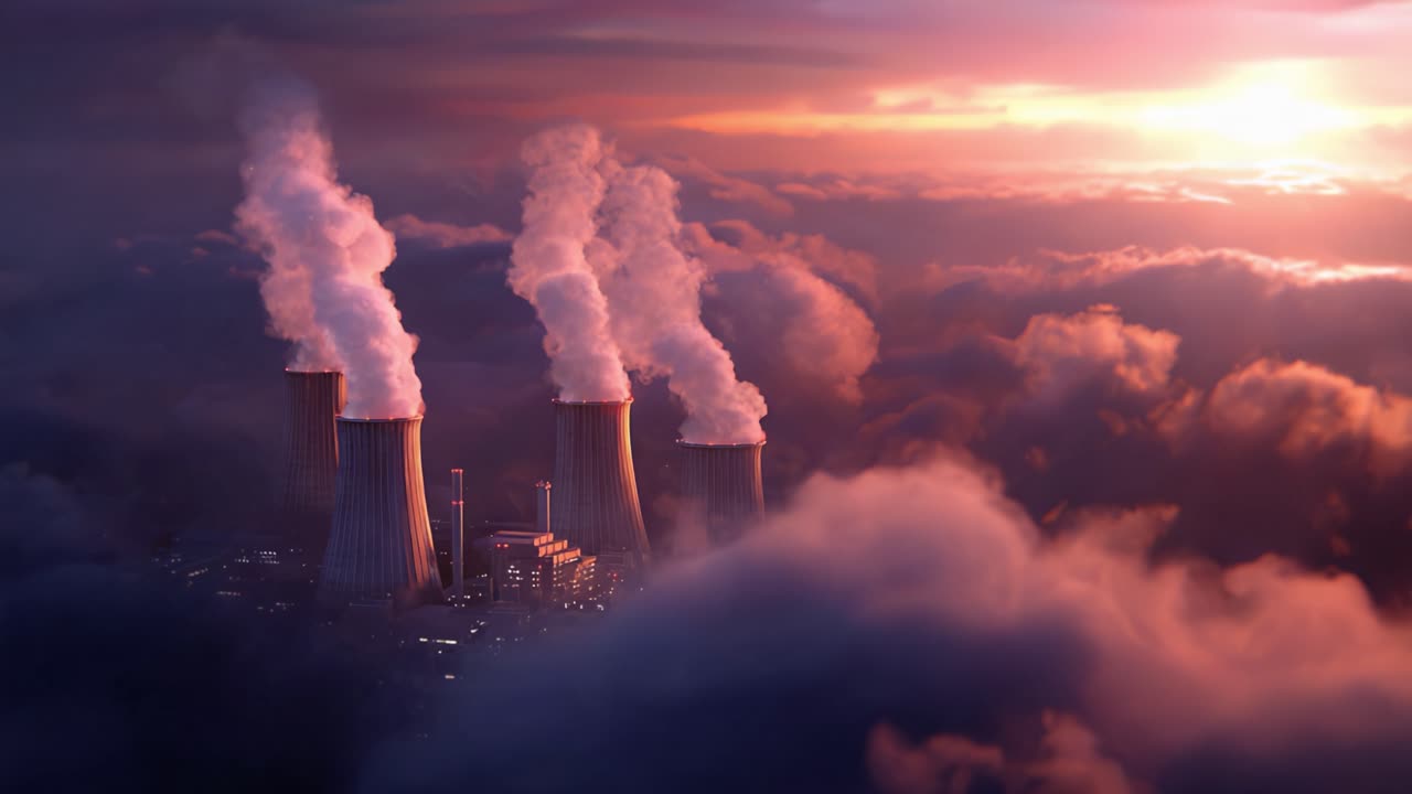 Tramonto drammatico su ciminiere industriali che scaricano vapore in un cielo nuvoloso: Uno straordinario contrasto visivo tra natura e industria umana.