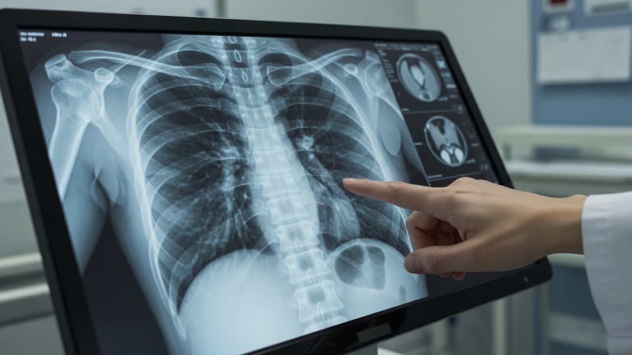 Analyzing a Chest X-Ray: A Close-Up of a Medical Professional's Hand Pointing at Key Areas of the Radiograph for Diagnosis and Assessment of Health Conditions