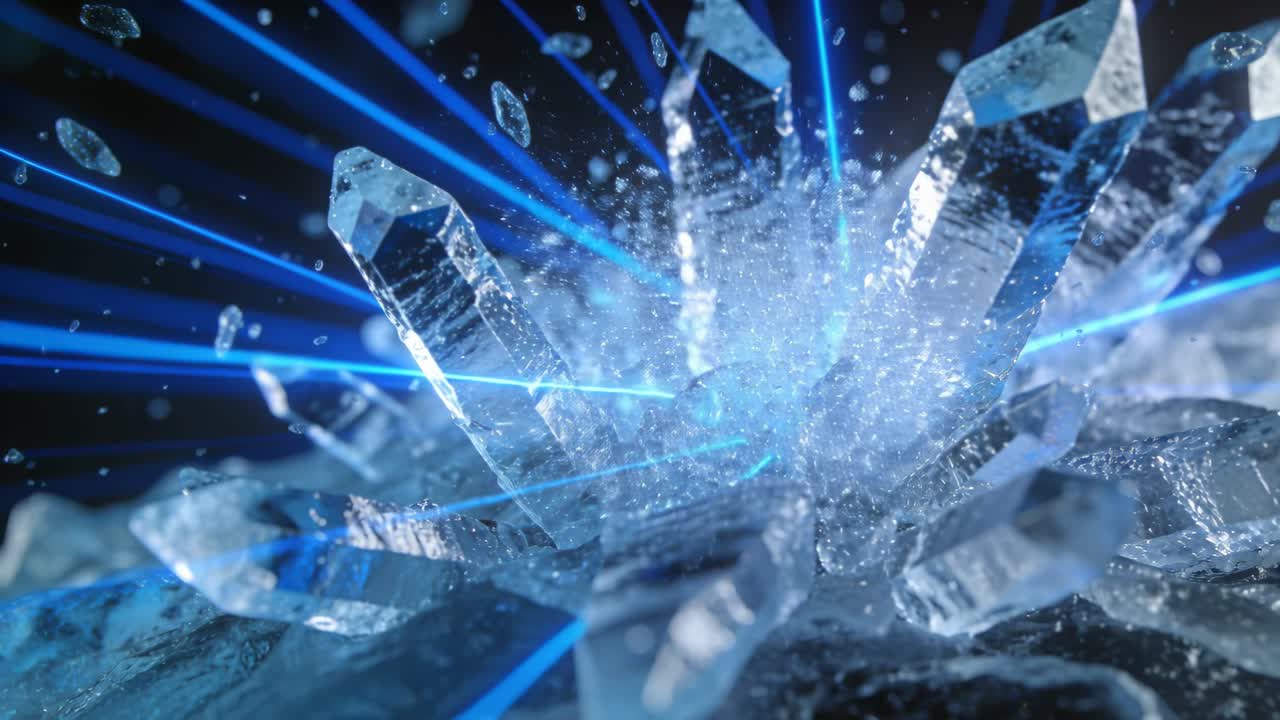 Converging blue beams, crystal cluster refracting light on rocky base, spraying dust and flaring