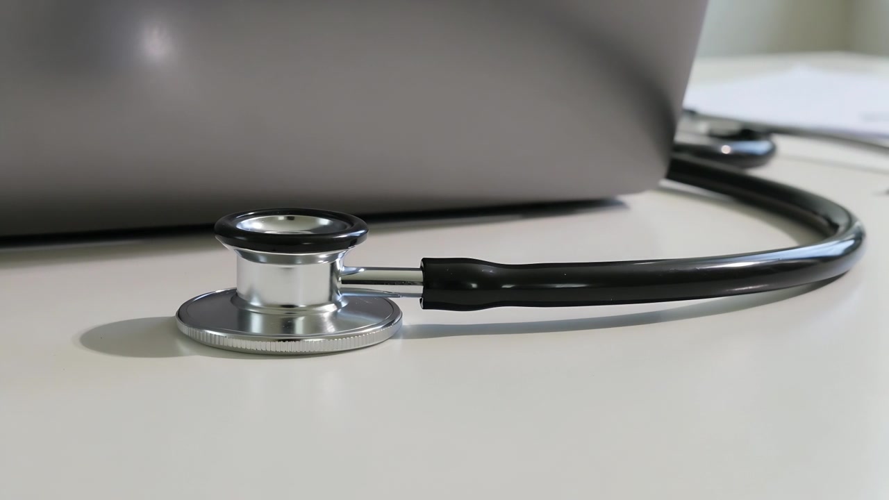 Aufnahme-Stethoskop-Bruststück liegt auf weißem Klinikschreibtisch für eine Konsultation, mit geschlossenem Laptop.