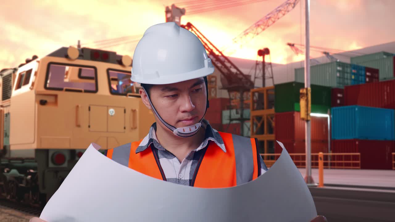 Close Up Of Asian Male Engineer With Safety Helmet Looking At Blueprint In His Hands And Looking Around While Standing With Freight Cargo Train At Port