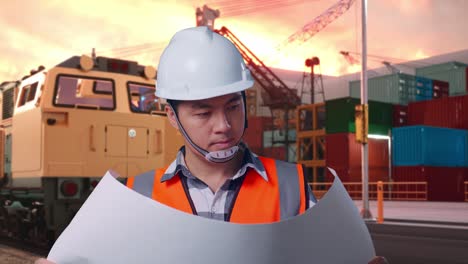 close up of asian male engineer with safety helmet looking at blueprint in his hands and looking around while standing with freight cargo train at port