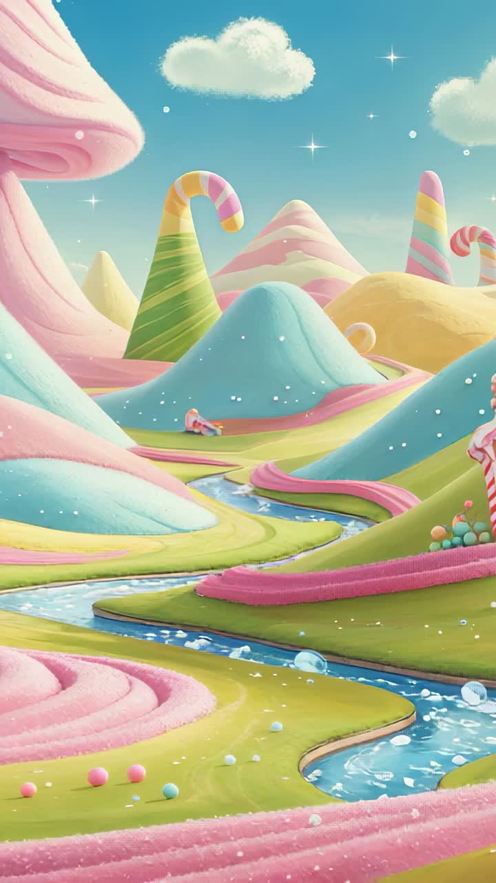 Vertical video: Opening candy landscape showcasing pastel hills, striped cane and sparkling stream