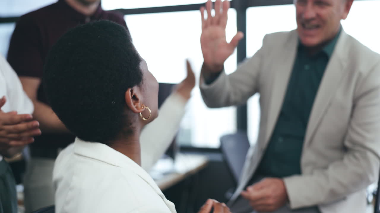 Clapping, high five and business people