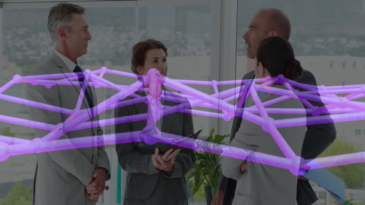 Discussing business, professionals with purple network connections overlay in office