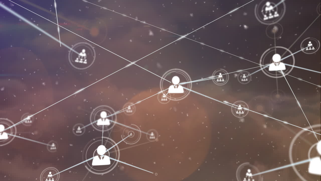 animación de la red de conexiones con personas iconos sobre nubes fondo